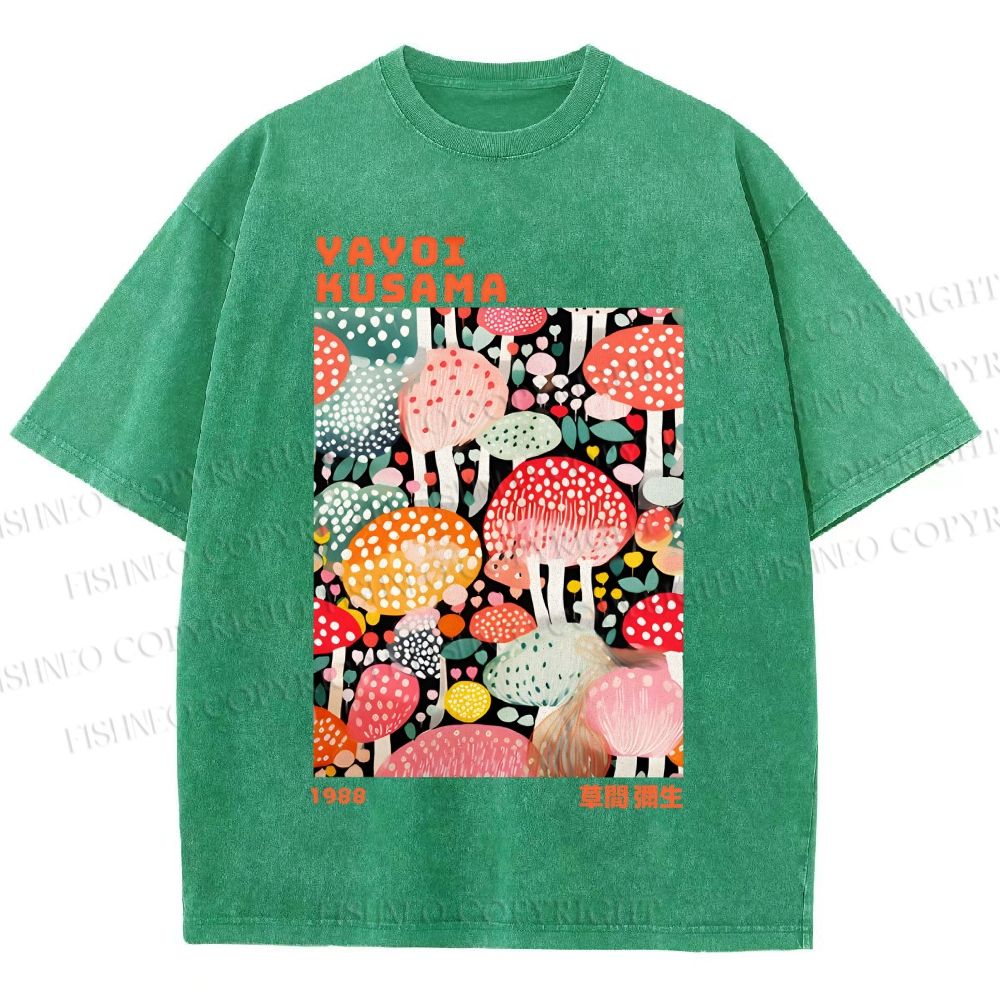 Unisex Yayoi Kusama Colorful Mushrooms Printed Washed Tee
