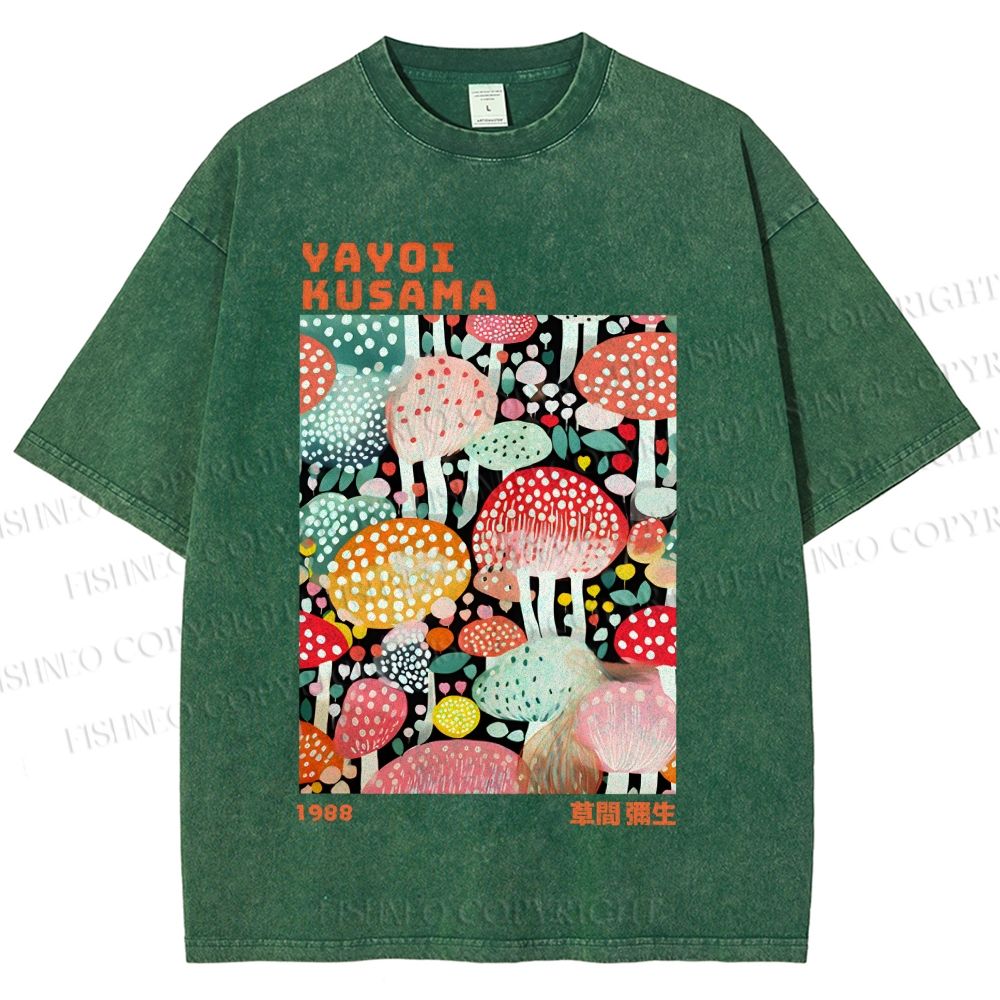 Unisex Yayoi Kusama Colorful Mushrooms Printed Washed Tee