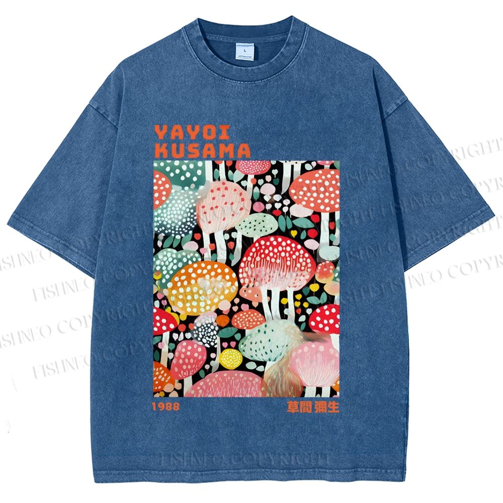 Unisex Yayoi Kusama Colorful Mushrooms Printed Washed Tee