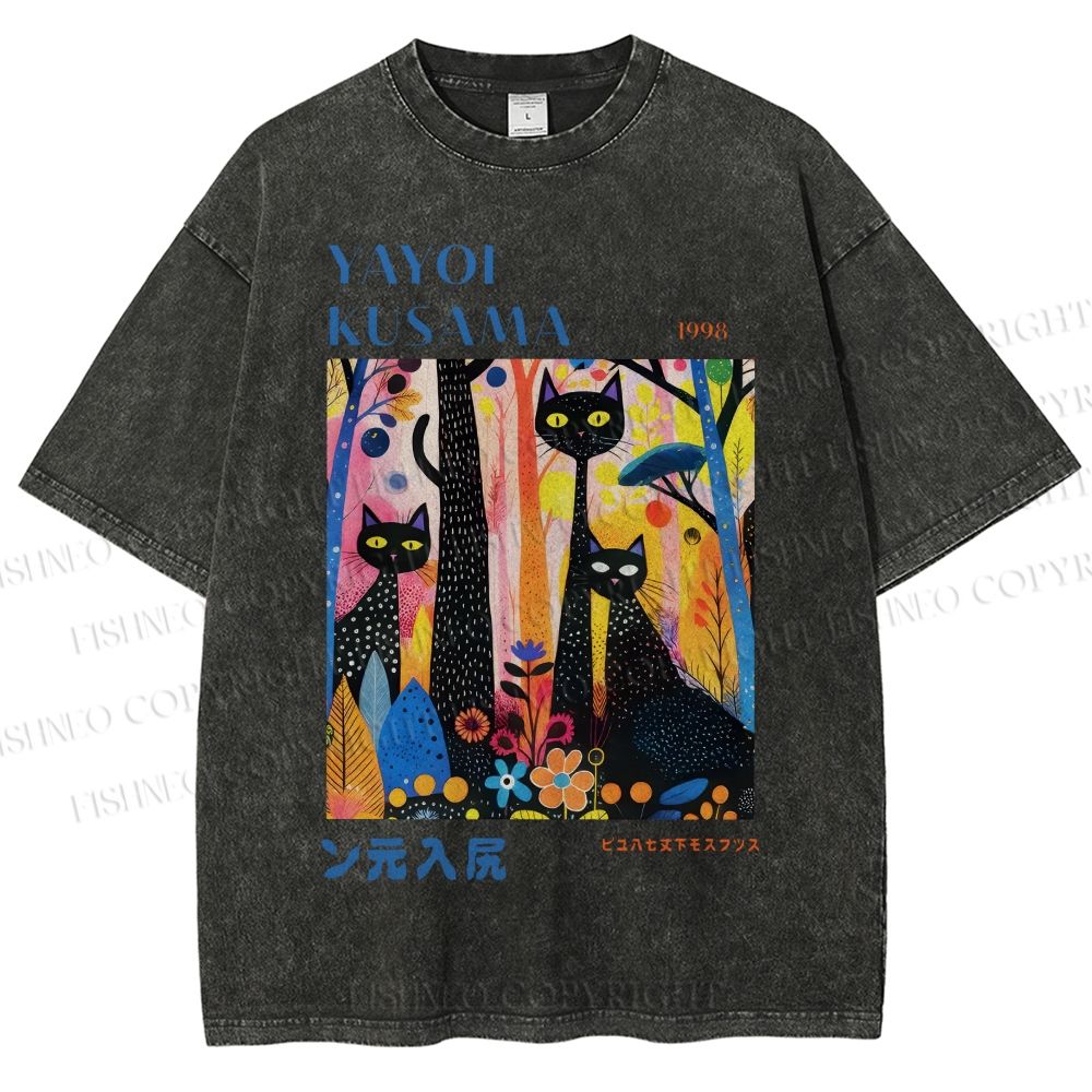 Unisex Yayoi Kusama Flower Cat Printed Washed Tee