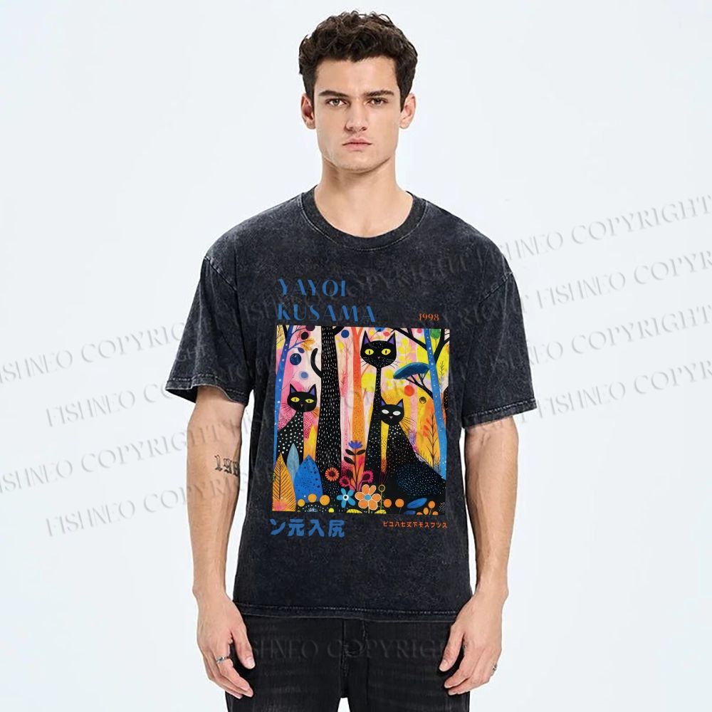 Unisex Yayoi Kusama Flower Cat Printed Washed Tee