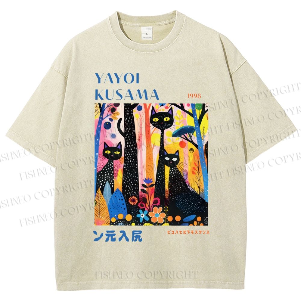 Unisex Yayoi Kusama Flower Cat Printed Washed Tee