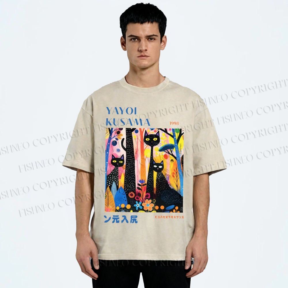 Unisex Yayoi Kusama Flower Cat Printed Washed Tee