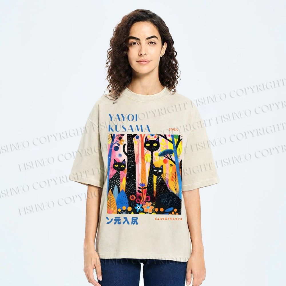 Unisex Yayoi Kusama Flower Cat Printed Washed Tee