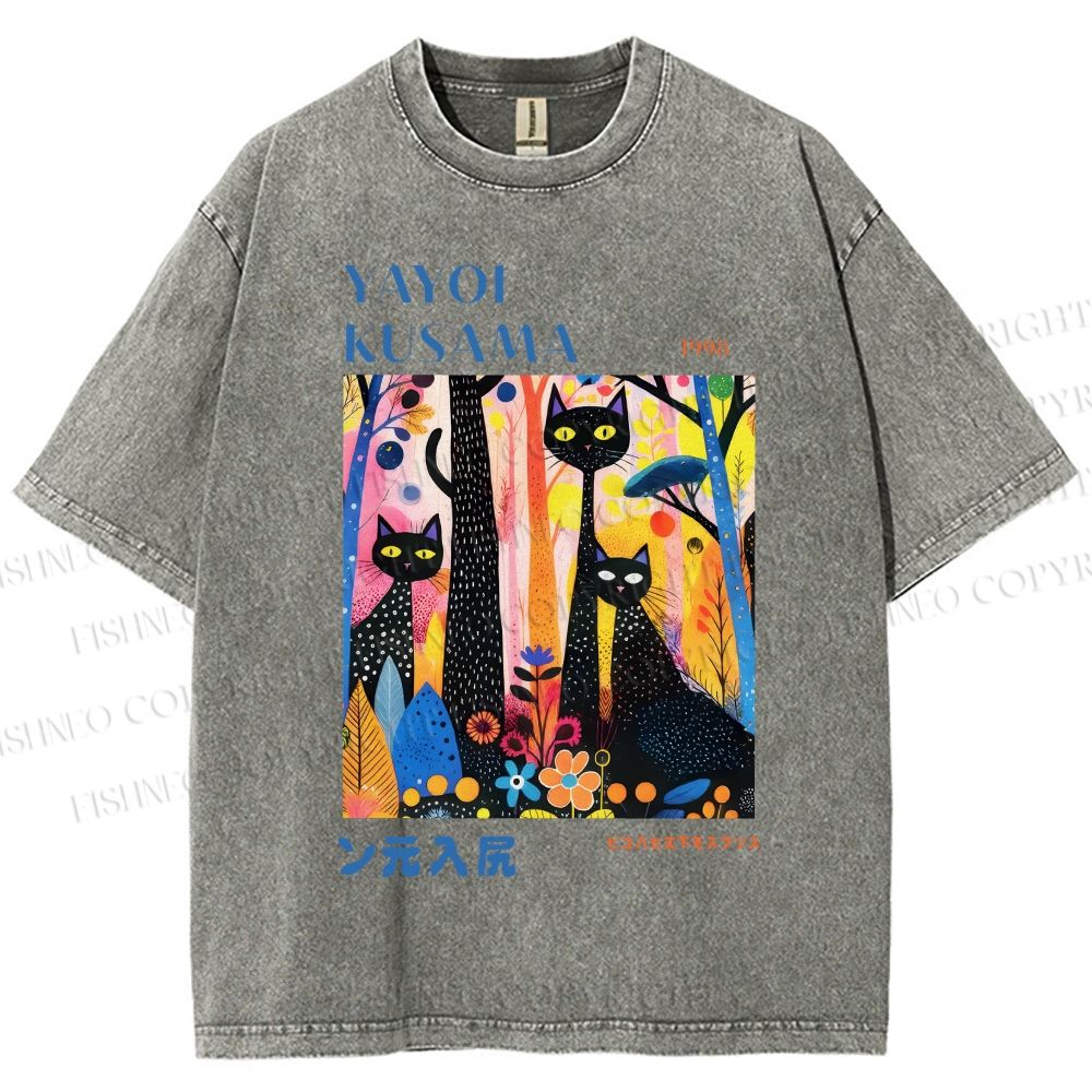Unisex Yayoi Kusama Flower Cat Printed Washed Tee