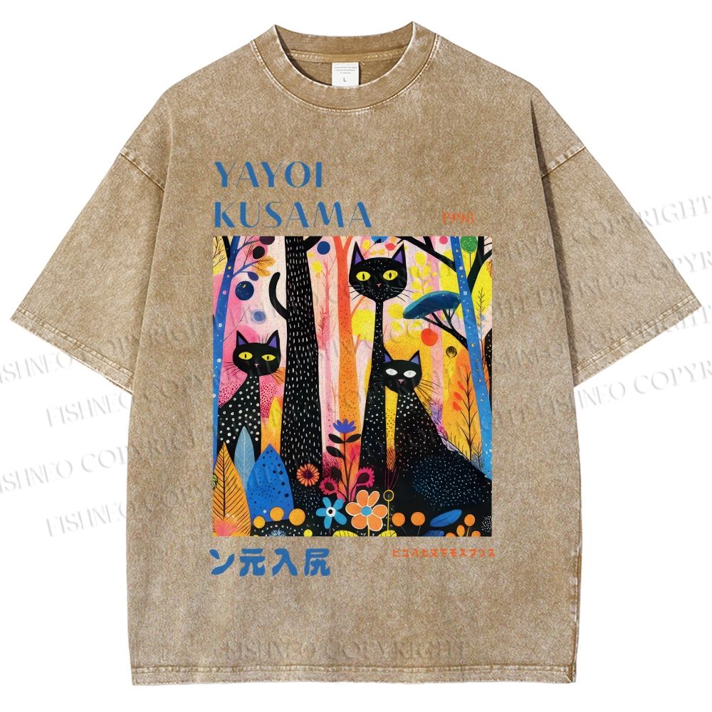 Unisex Yayoi Kusama Flower Cat Printed Washed Tee