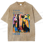 Unisex Yayoi Kusama Flower Cat Printed Washed Tee