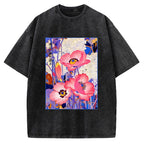 Unisex Vintage Japanese Poppy Art Printed Washed Tee