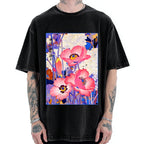Unisex Vintage Japanese Poppy Art Printed Washed Tee