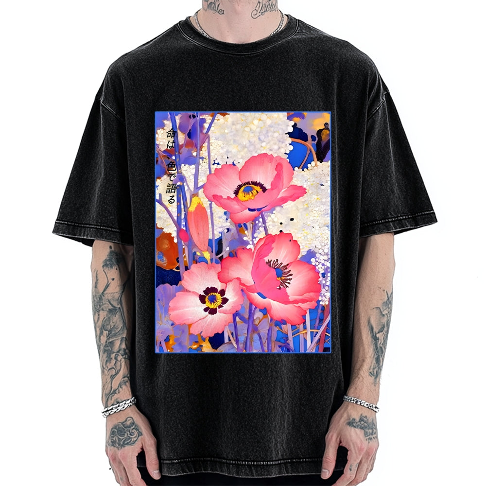 Unisex Vintage Japanese Poppy Art Printed Washed Tee