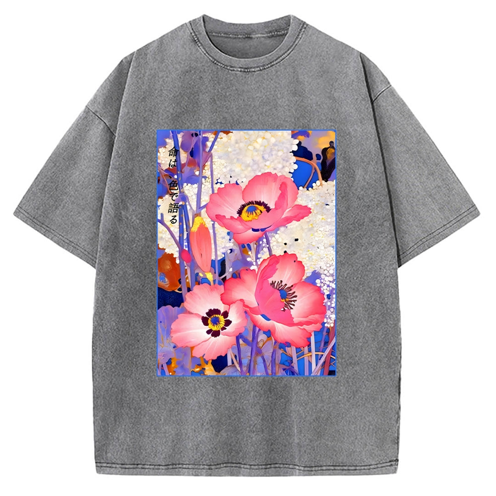 Unisex Vintage Japanese Poppy Art Printed Washed Tee