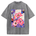 Unisex Vintage Japanese Poppy Art Printed Washed Tee