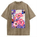Unisex Vintage Japanese Poppy Art Printed Washed Tee