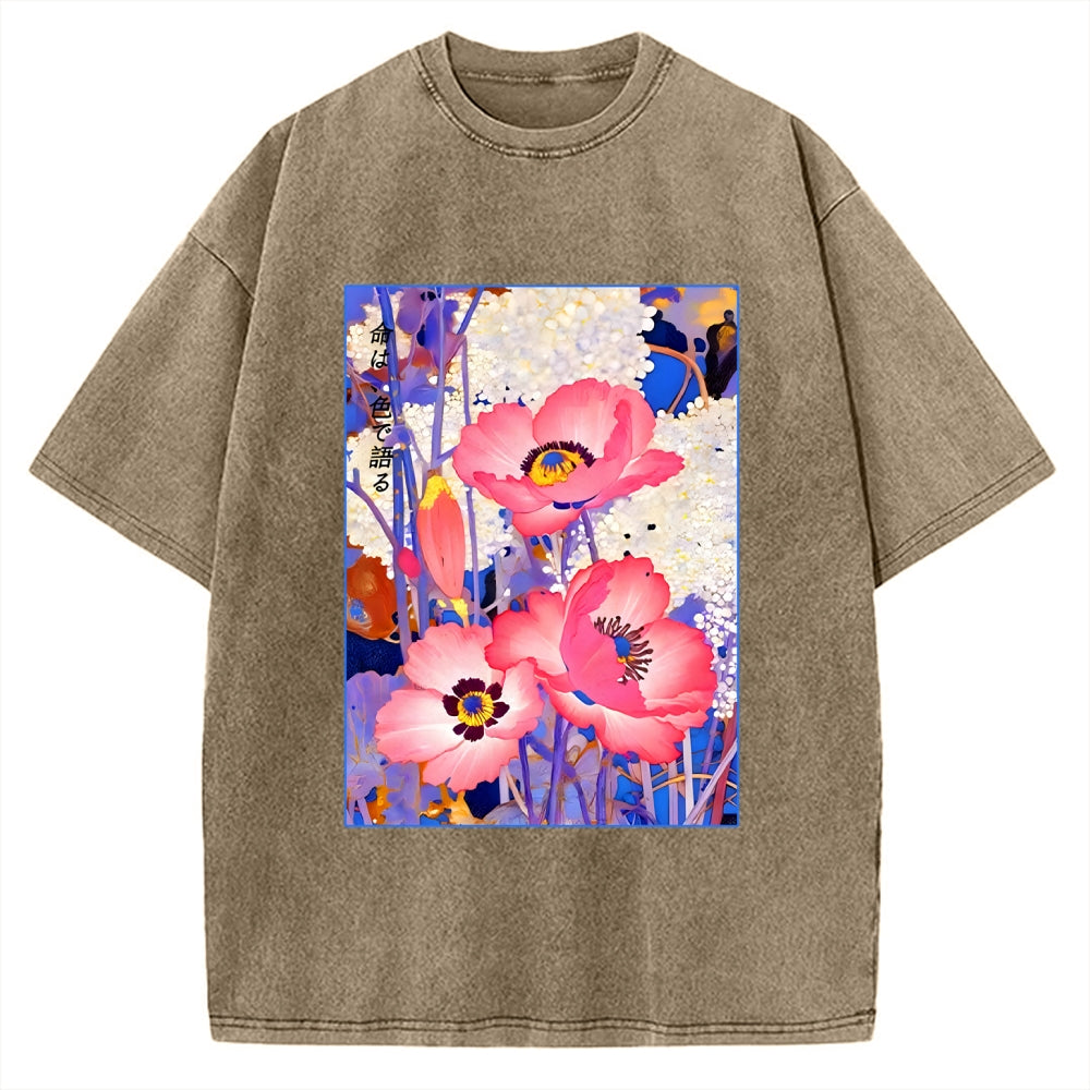 Unisex Vintage Japanese Poppy Art Printed Washed Tee