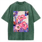 Unisex Vintage Japanese Poppy Art Printed Washed Tee