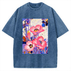 Unisex Vintage Japanese Poppy Art Printed Washed Tee