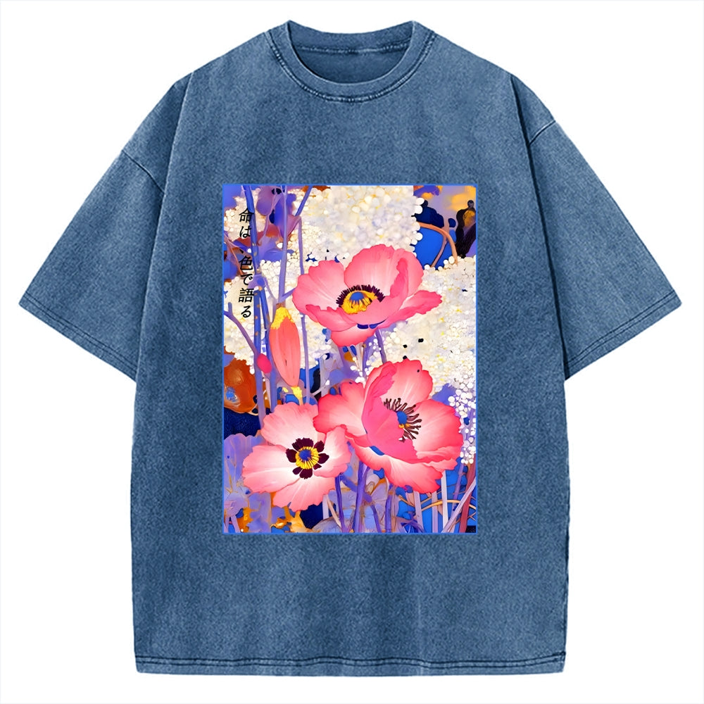 Unisex Vintage Japanese Poppy Art Printed Washed Tee