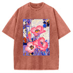 Unisex Vintage Japanese Poppy Art Printed Washed Tee