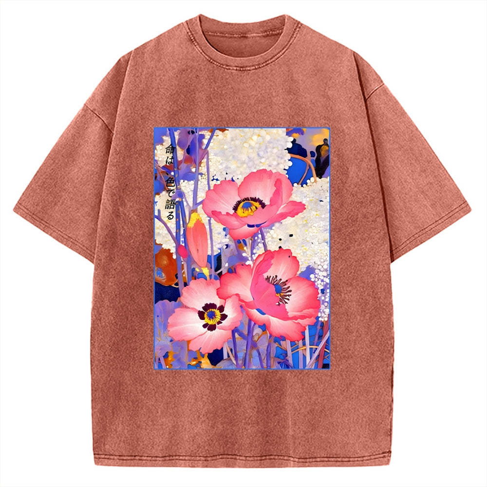 Unisex Vintage Japanese Poppy Art Printed Washed Tee