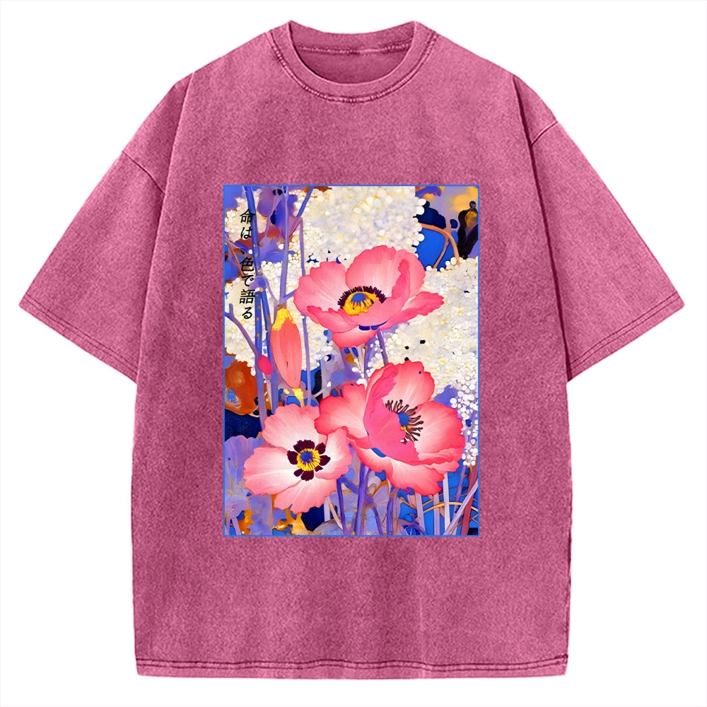 Unisex Vintage Japanese Poppy Art Printed Washed Tee