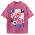 Unisex Vintage Japanese Poppy Art Printed Washed Tee