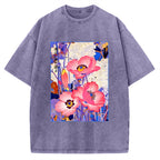 Unisex Vintage Japanese Poppy Art Printed Washed Tee