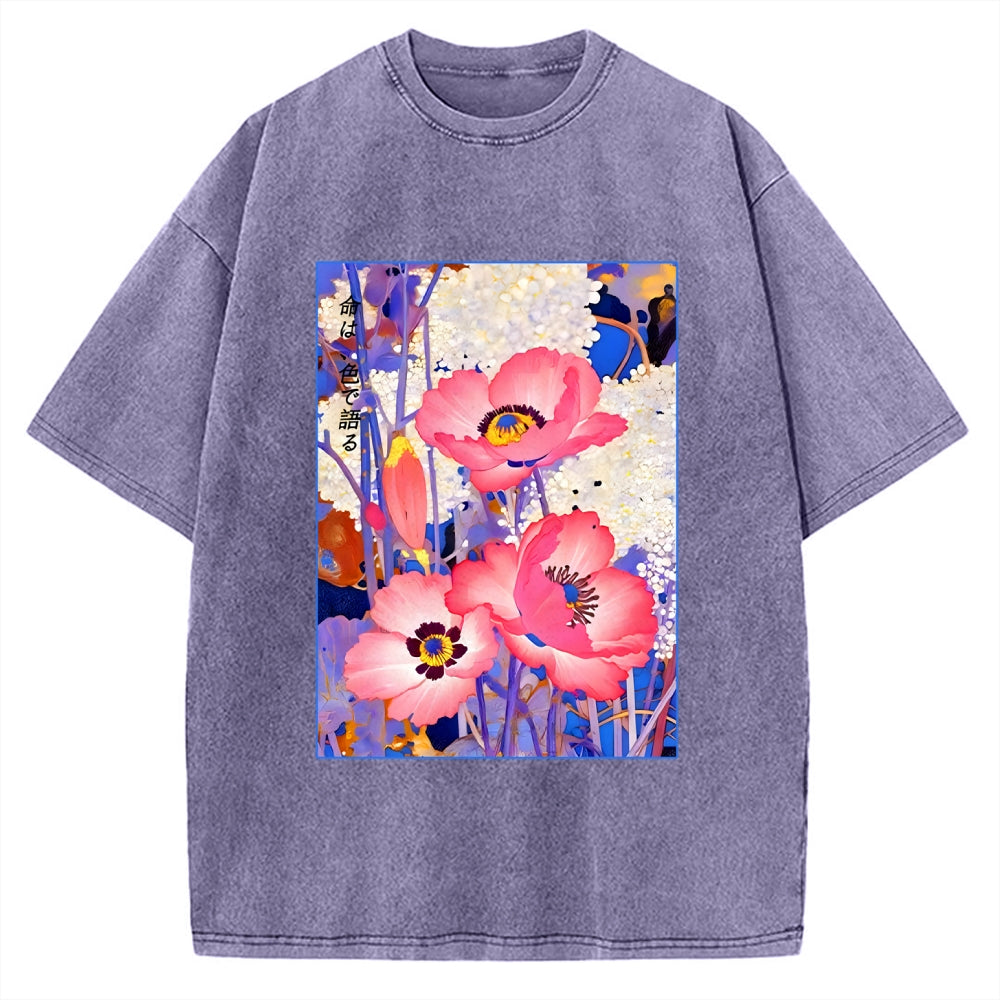 Unisex Vintage Japanese Poppy Art Printed Washed Tee