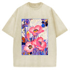 Unisex Vintage Japanese Poppy Art Printed Washed Tee