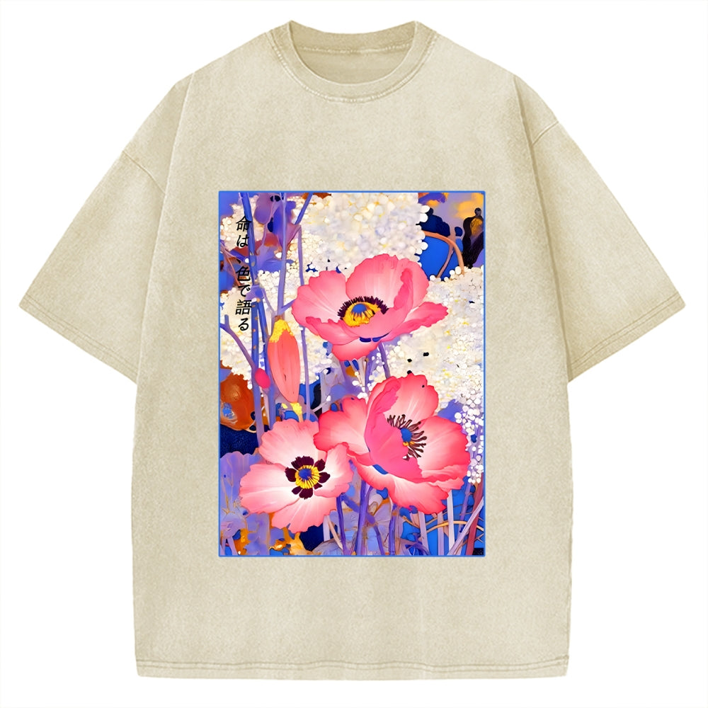 Unisex Vintage Japanese Poppy Art Printed Washed Tee