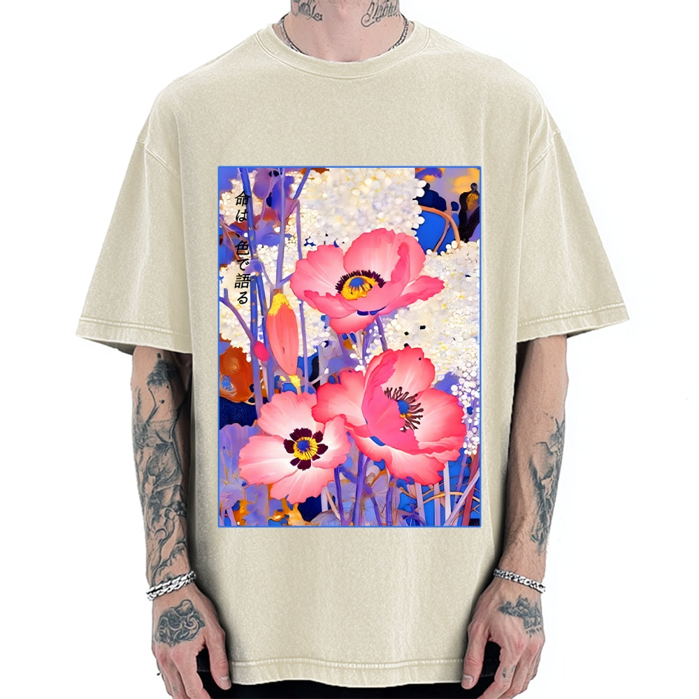 Unisex Vintage Japanese Poppy Art Printed Washed Tee