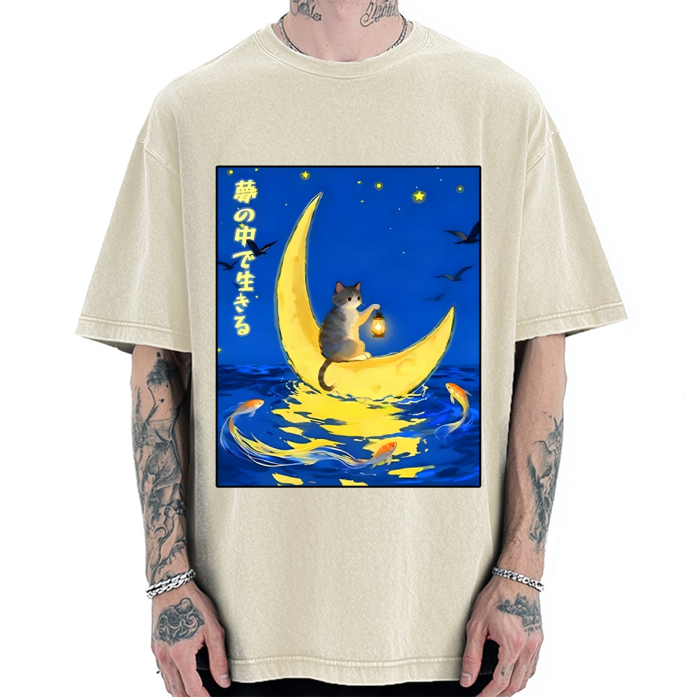 Unisex Cat On Moon Boat Over Sea Printed Washed Tee