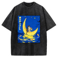 Unisex Cat On Moon Boat Over Sea Printed Washed Tee