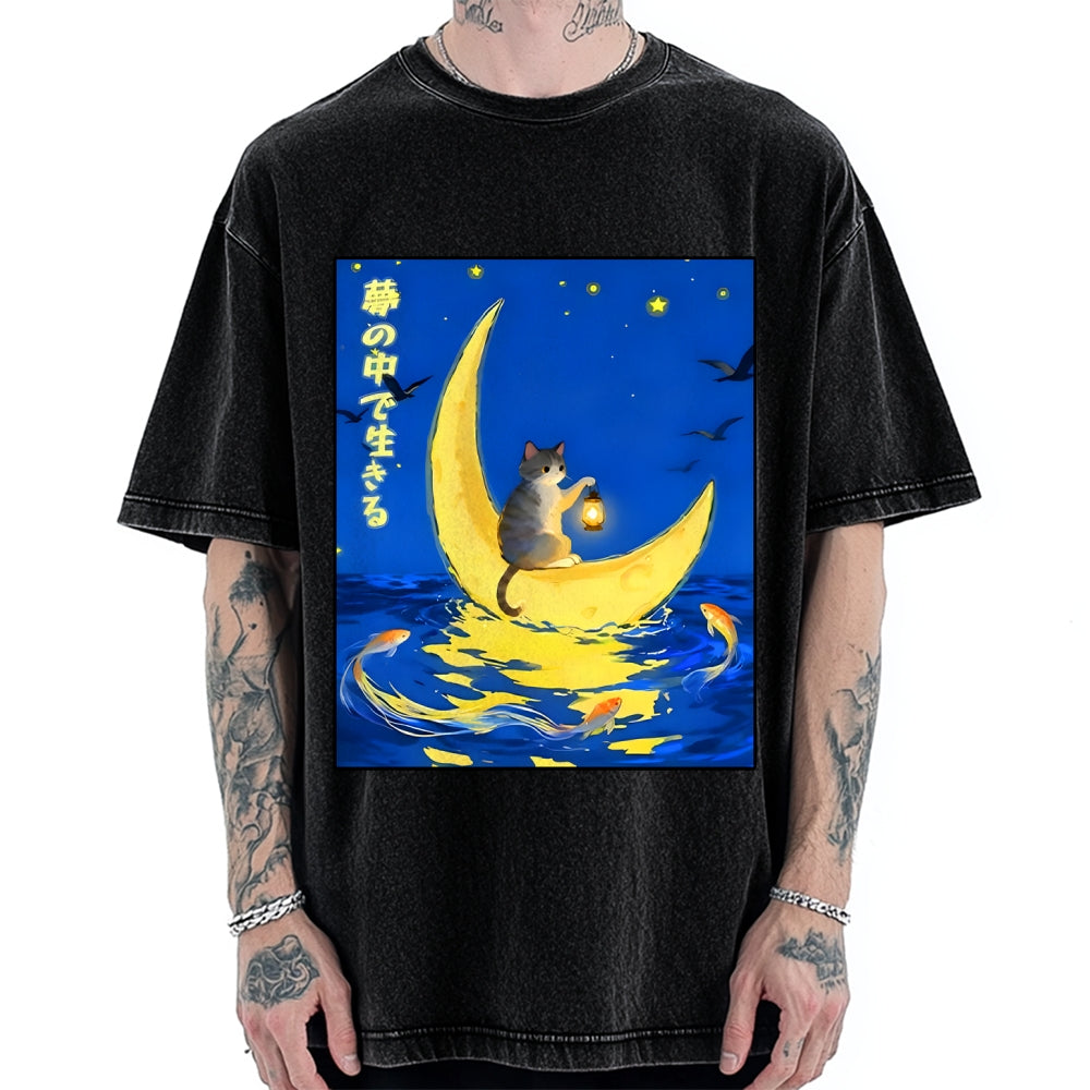 Unisex Cat On Moon Boat Over Sea Printed Washed Tee