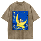Unisex Cat On Moon Boat Over Sea Printed Washed Tee