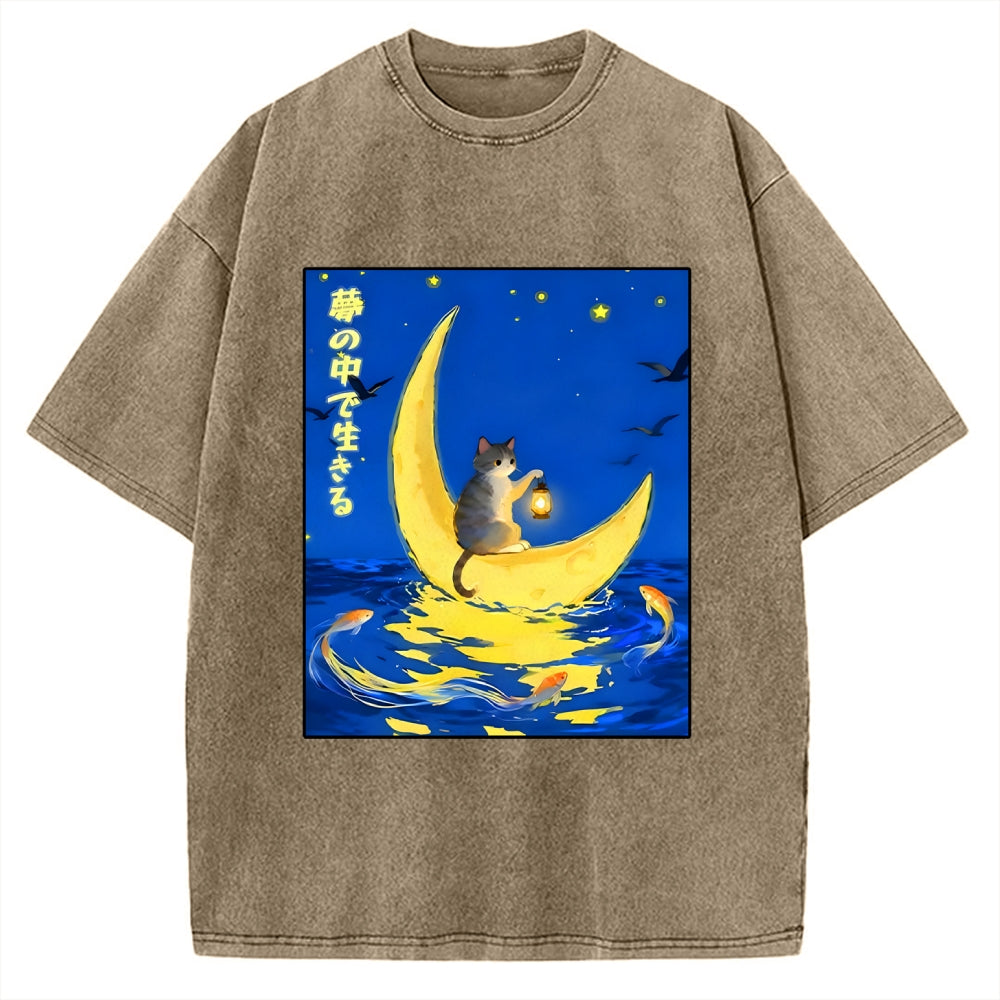Unisex Cat On Moon Boat Over Sea Printed Washed Tee