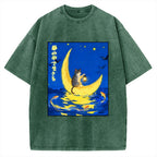 Unisex Cat On Moon Boat Over Sea Printed Washed Tee