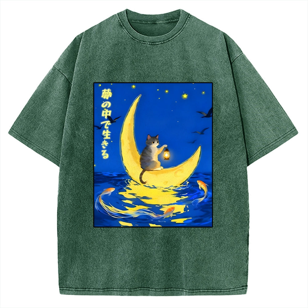 Unisex Cat On Moon Boat Over Sea Printed Washed Tee