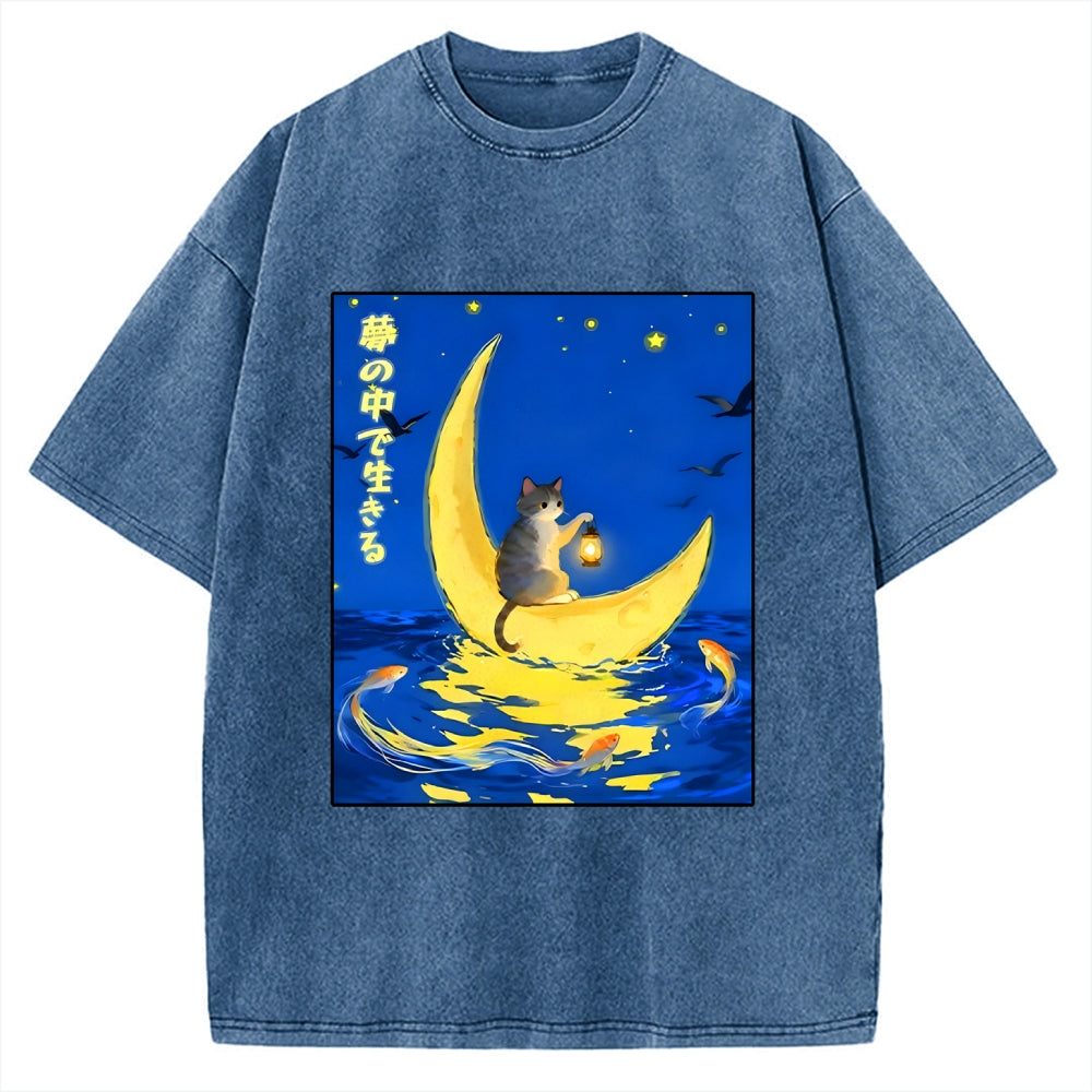Unisex Cat On Moon Boat Over Sea Printed Washed Tee