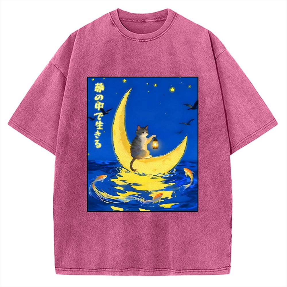 Unisex Cat On Moon Boat Over Sea Printed Washed Tee