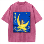 Unisex Cat On Moon Boat Over Sea Printed Washed Tee