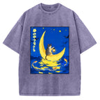 Unisex Cat On Moon Boat Over Sea Printed Washed Tee