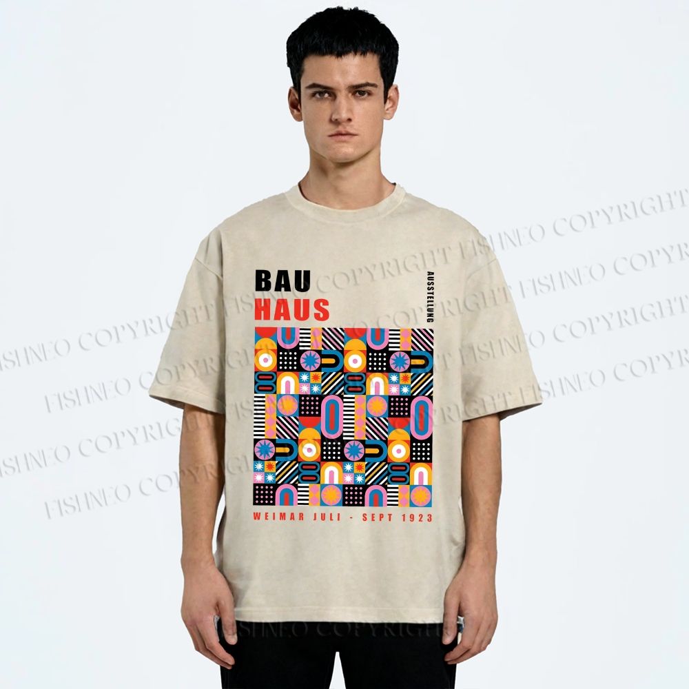 Unisex Bauhaus Color Geometric Printed Washed Tee
