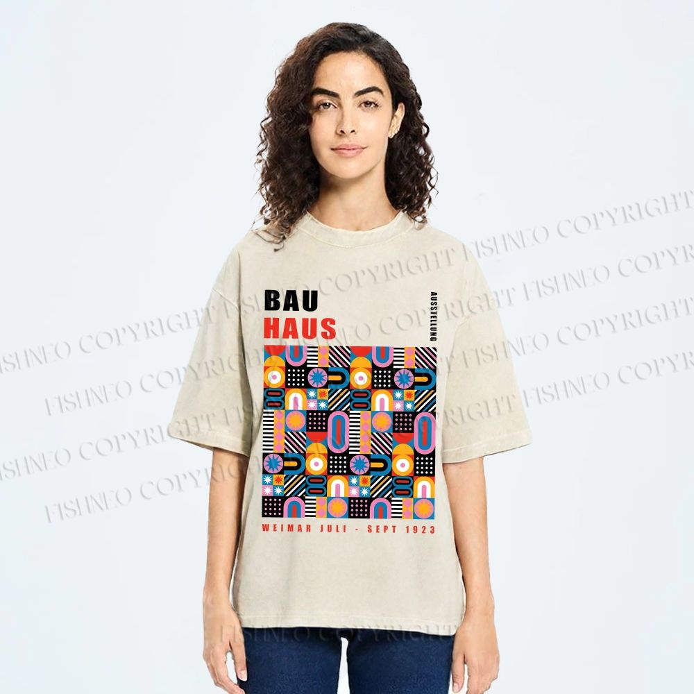 Unisex Bauhaus Color Geometric Printed Washed Tee
