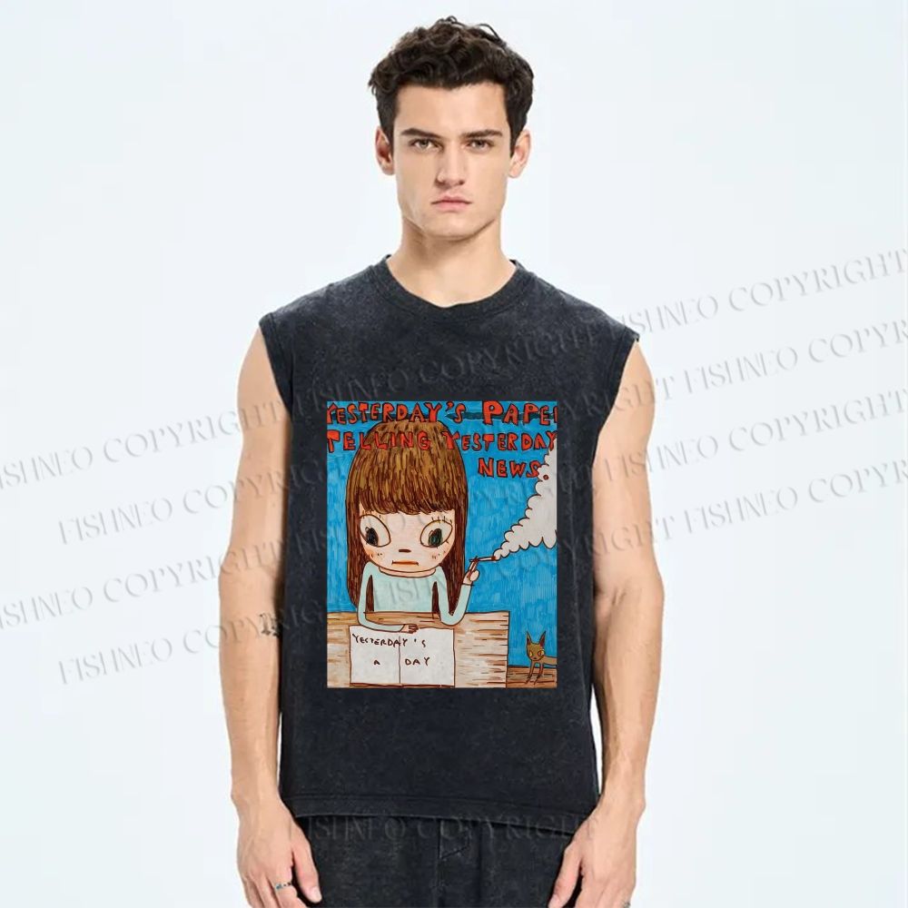 Unisex Yoshimoto Nara Art Printed Washed Tank Top