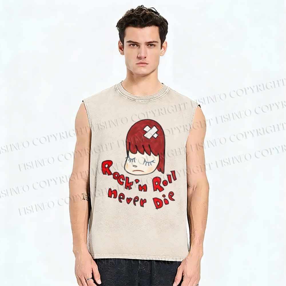 Unisex Rock'n Roll Never Die Yoshitomo Nara Printed Washed Tank Top