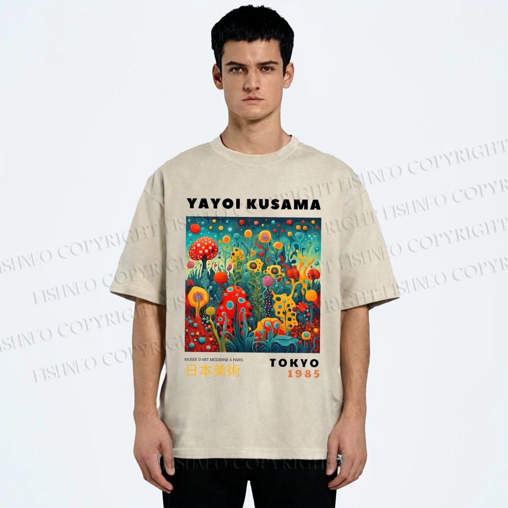 Unisex Yayoi Kusama Polka Dot Mushrooms Printed Washed Tee