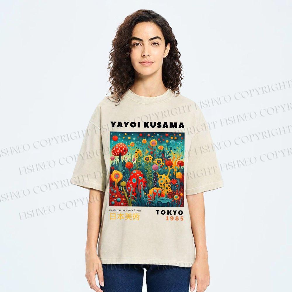 Unisex Yayoi Kusama Polka Dot Mushrooms Printed Washed Tee
