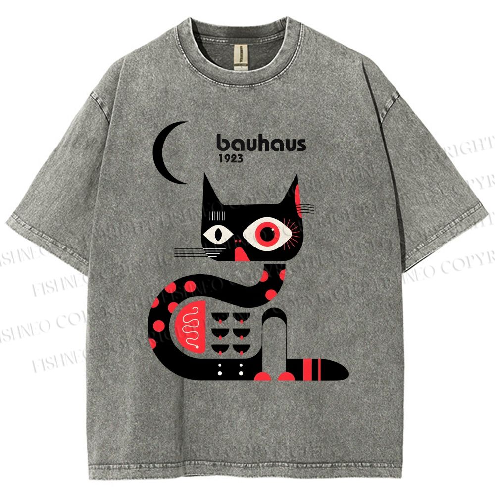 Unisex Bauhaus Geometric Cat Printed Washed Tee