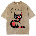 Unisex Bauhaus Geometric Cat Printed Washed Tee