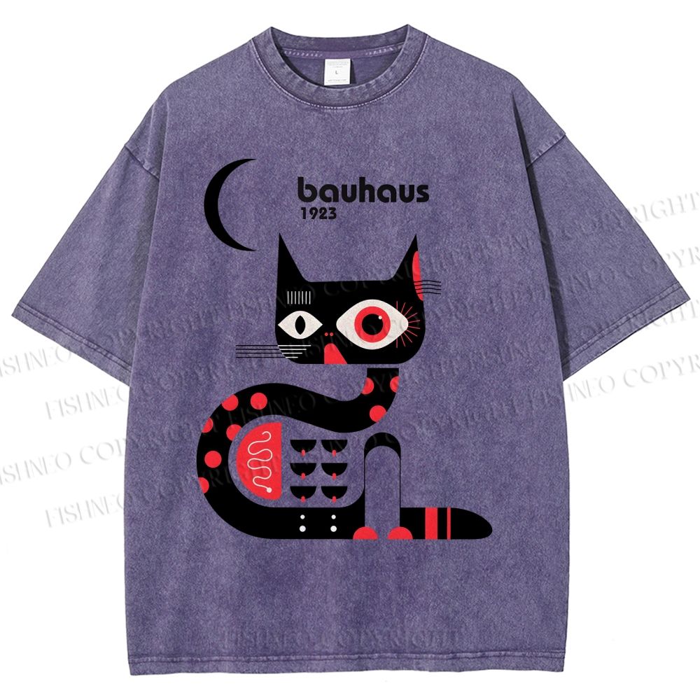 Unisex Bauhaus Geometric Cat Printed Washed Tee